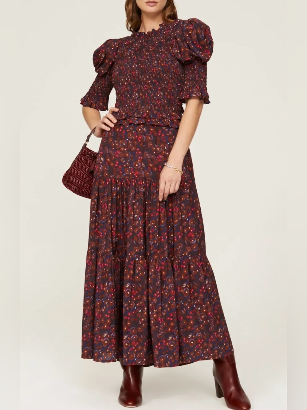Sea New York Smocked Burgundy/Brown Ikat  Tiered Maxi Dress.Size L